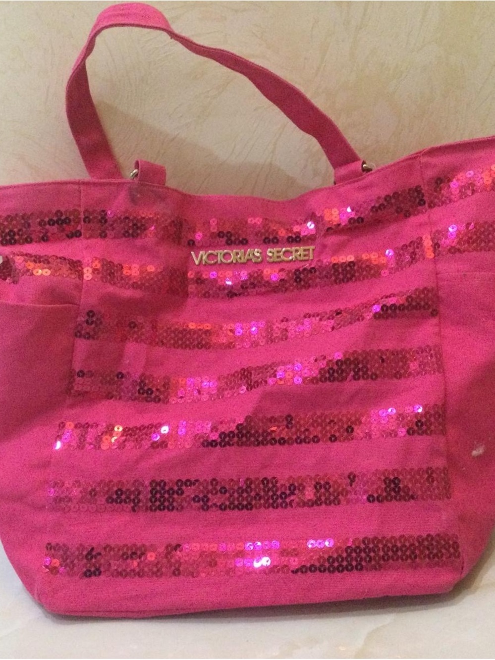 Victoria's Secret Hot Pink Sequin Stripe Tote